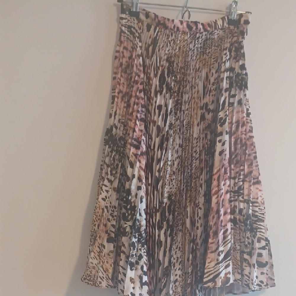 Brown and Cream Midi A-Line Pleated Skirt